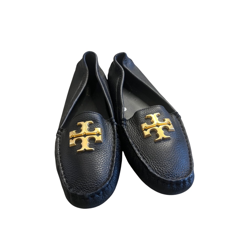 Tory Burch Ines Driver Black Pebbled Leather Gold Logo Loafers Size 8